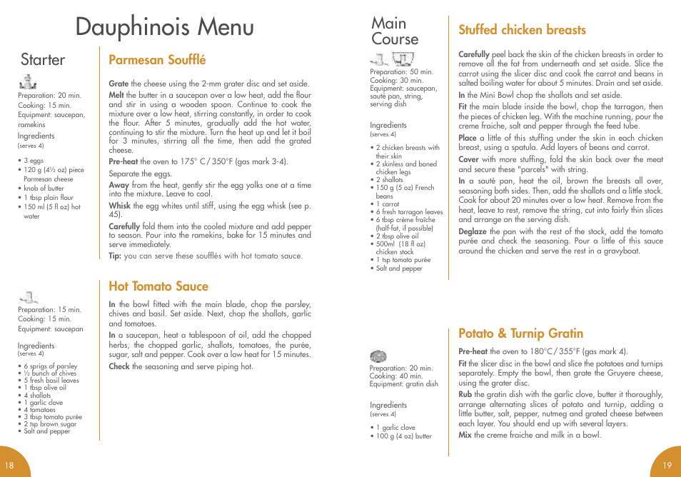 Dauphinois menu, Main course, Starter | Stuffed chicken breasts, Potato & turnip gratin, Parmesan soufflé, Hot tomato sauce | Magimix MINI PLUS User Manual | Page 12 / 45