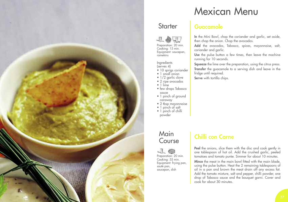 Mexican menu, Starter, Main course | Guacamole, Chilli con carne | Magimix MINI PLUS User Manual | Page 16 / 45