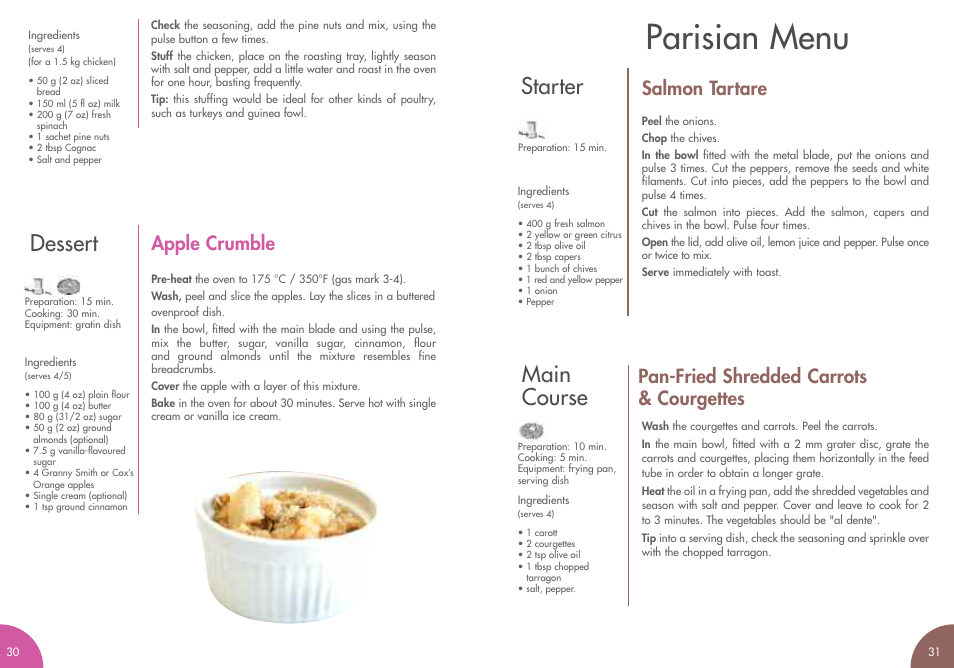 Parisian menu, Dessert, Starter | Main course, Apple crumble, Salmon tartare, Pan-fried shredded carrots & courgettes | Magimix MINI PLUS User Manual | Page 18 / 45