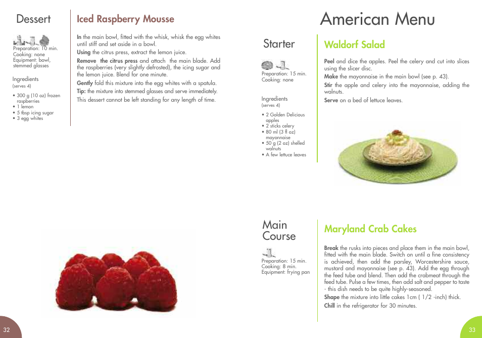 American menu, Dessert, Starter | Main course, Iced raspberry mousse, Waldorf salad, Maryland crab cakes | Magimix MINI PLUS User Manual | Page 19 / 45
