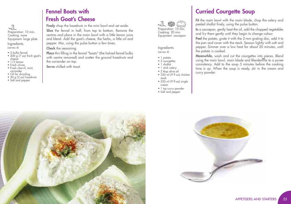 Curried courgette soup, Fennel boats with fresh goat’s cheese | Magimix MINI PLUS User Manual | Page 30 / 45