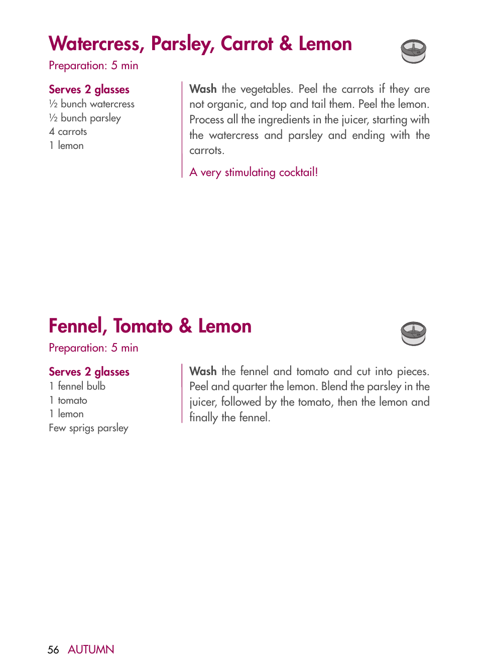 Watercress, parsley, carrot & lemon, Fennel, tomato & lemon | Magimix DUO PLUS XL User Manual | Page 58 / 84