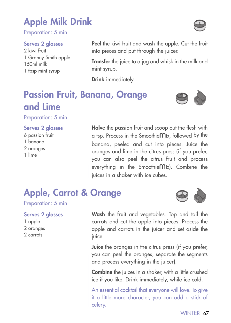 Apple milk drink, Passion fruit, banana, orange and lime, Apple, carrot & orange | Magimix DUO PLUS XL User Manual | Page 69 / 84