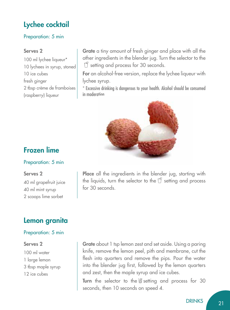 Lychee cocktail, Frozen lime, Lemon granita | Magimix BLENDER User Manual | Page 22 / 65