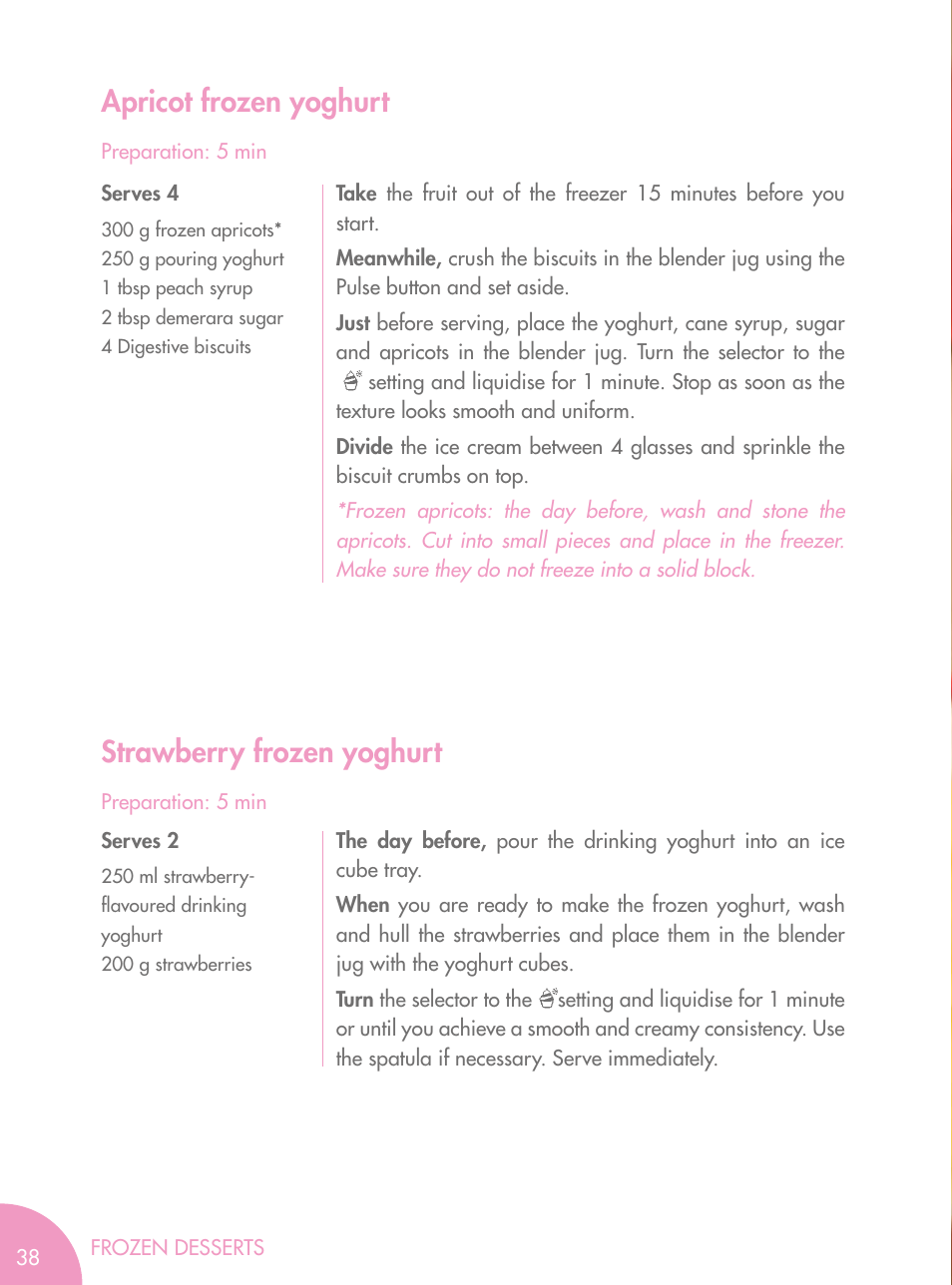 Apricot frozen yoghurt strawberry frozen yoghurt | Magimix BLENDER User Manual | Page 39 / 65