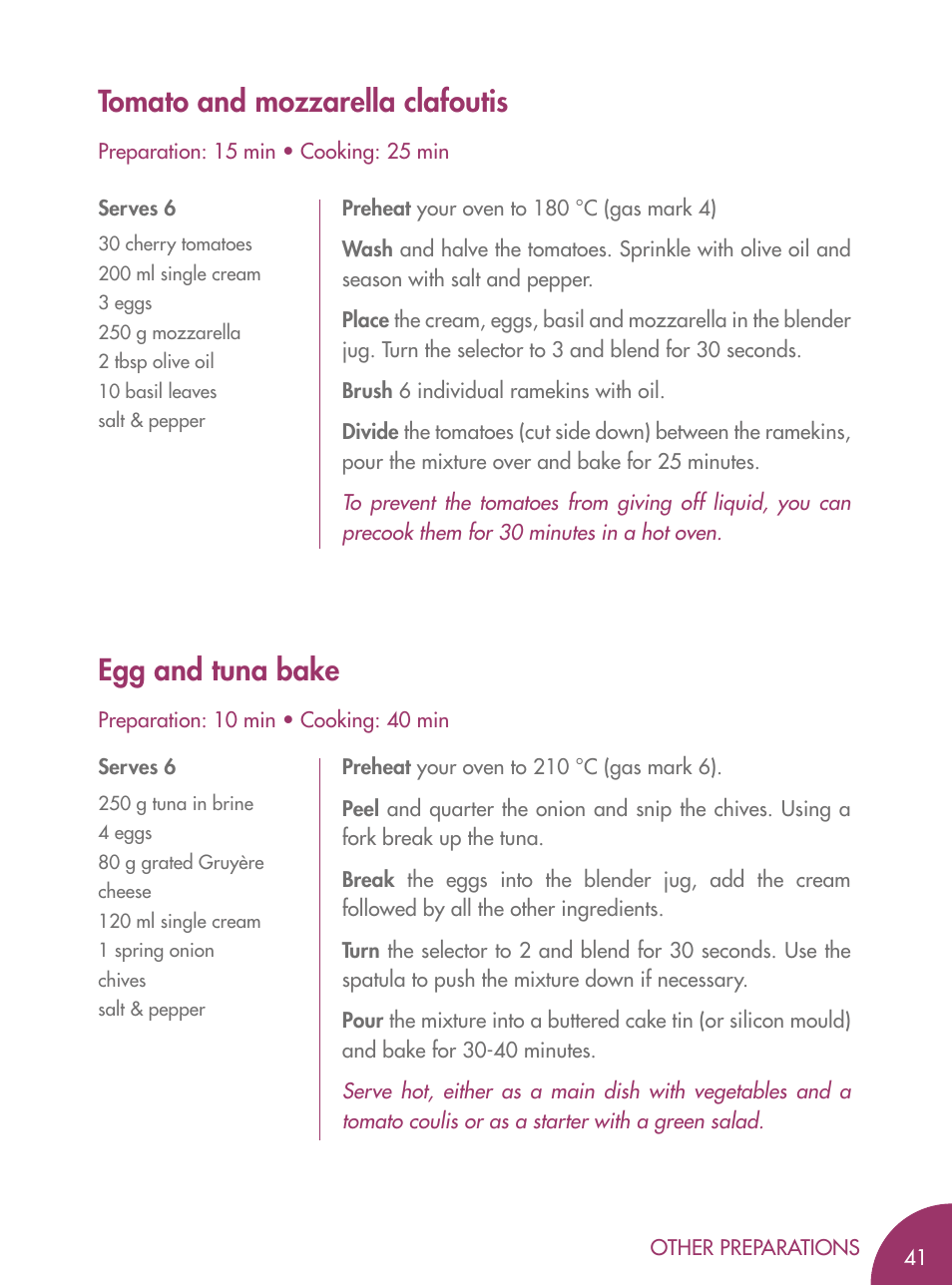Tomato and mozzarella clafoutis egg and tuna bake | Magimix BLENDER User Manual | Page 42 / 65