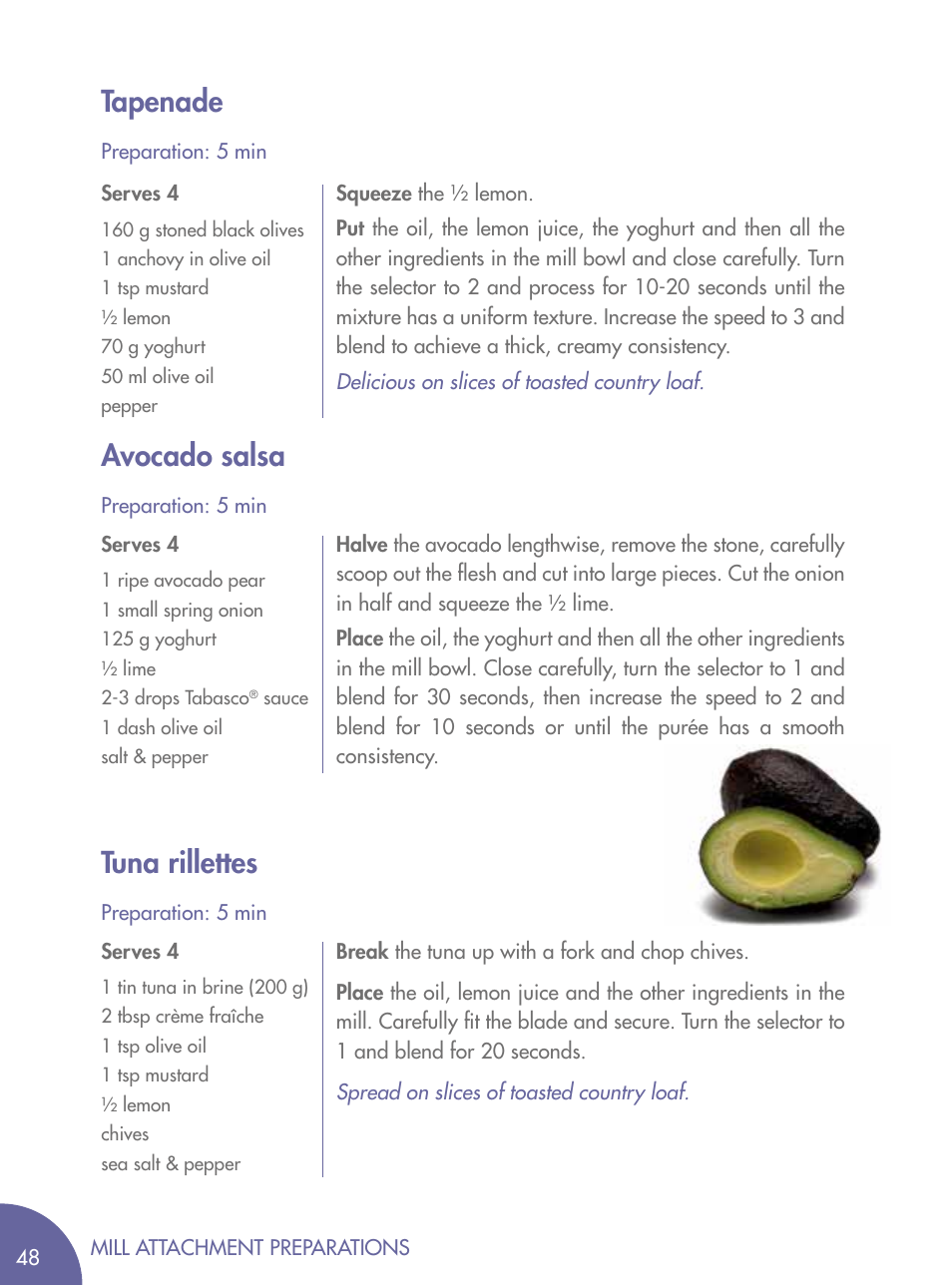 Tapenade, Avocado salsa, Tuna rillettes | Magimix BLENDER User Manual | Page 49 / 65