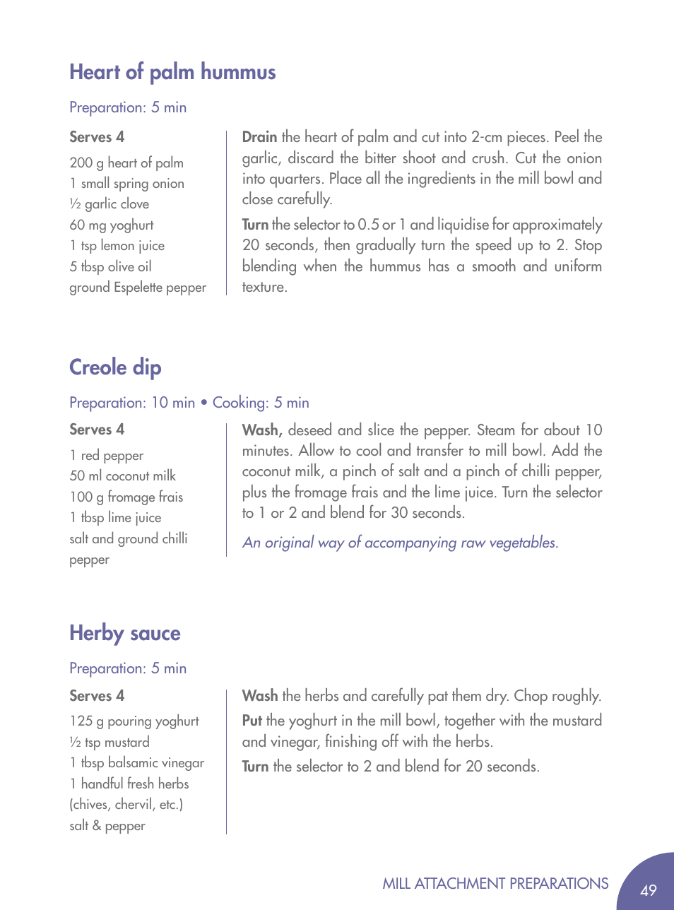 Heart of palm hummus, Creole dip, Herby sauce | Magimix BLENDER User Manual | Page 50 / 65