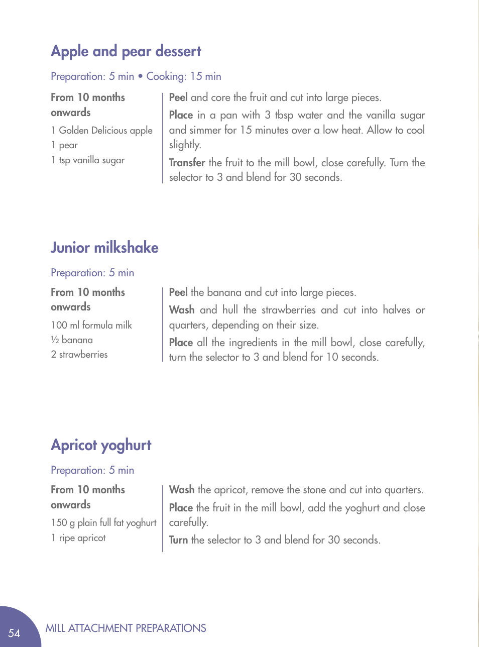 Apple and pear dessert, Junior milkshake, Apricot yoghurt | Magimix BLENDER User Manual | Page 55 / 65