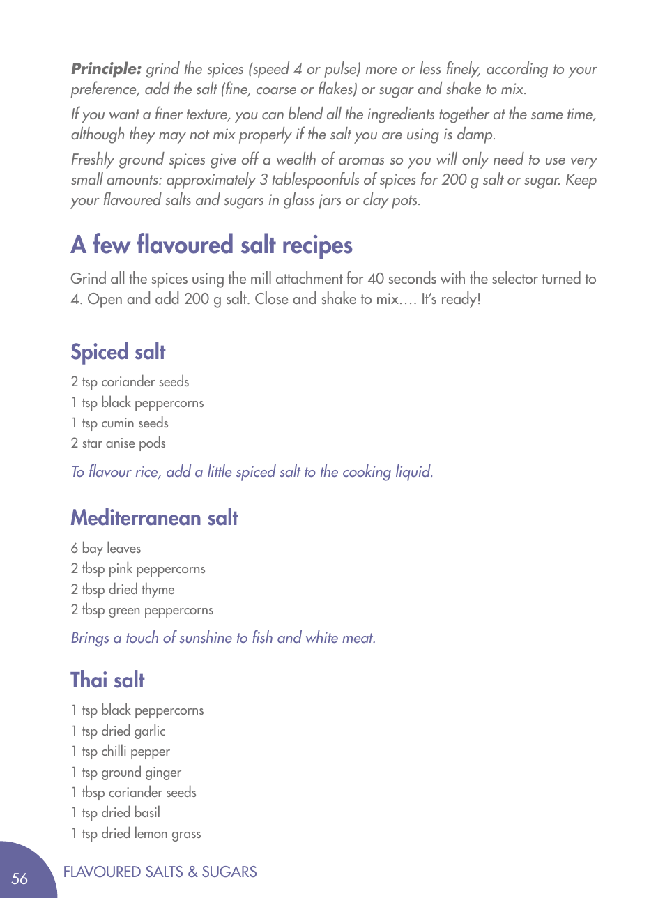 A few flavoured salt recipes, Spiced salt mediterranean salt thai salt | Magimix BLENDER User Manual | Page 57 / 65