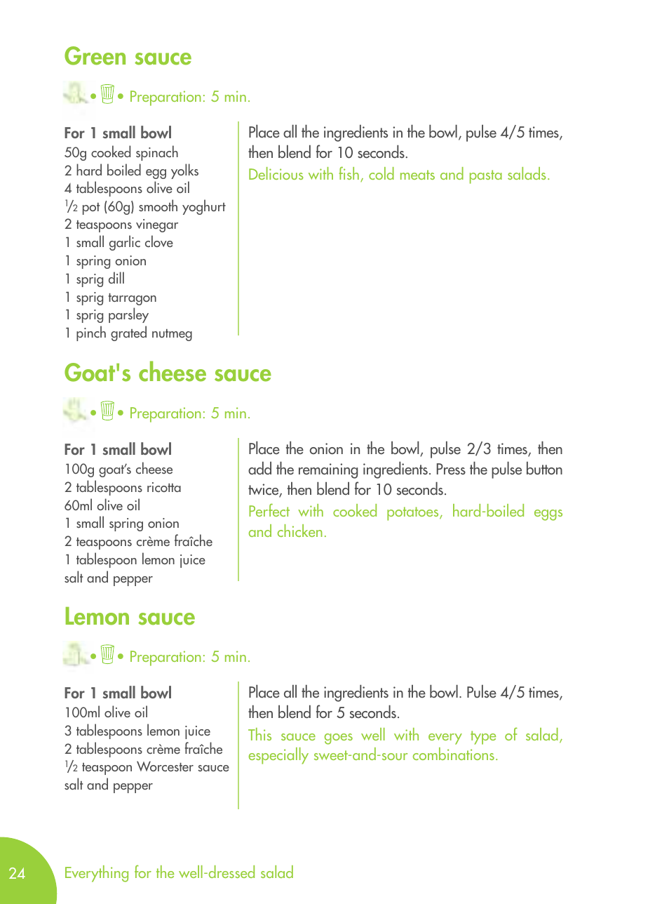 Green sauce, Goat's cheese sauce, Lemon sauce | Magimix MICRO User Manual | Page 28 / 52