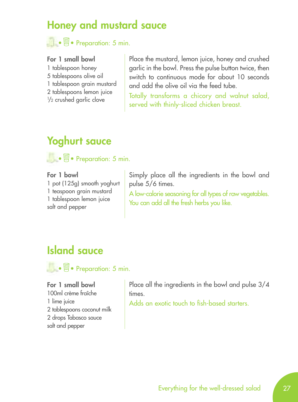 Island sauce, Yoghurt sauce, Honey and mustard sauce | Magimix MICRO User Manual | Page 31 / 52