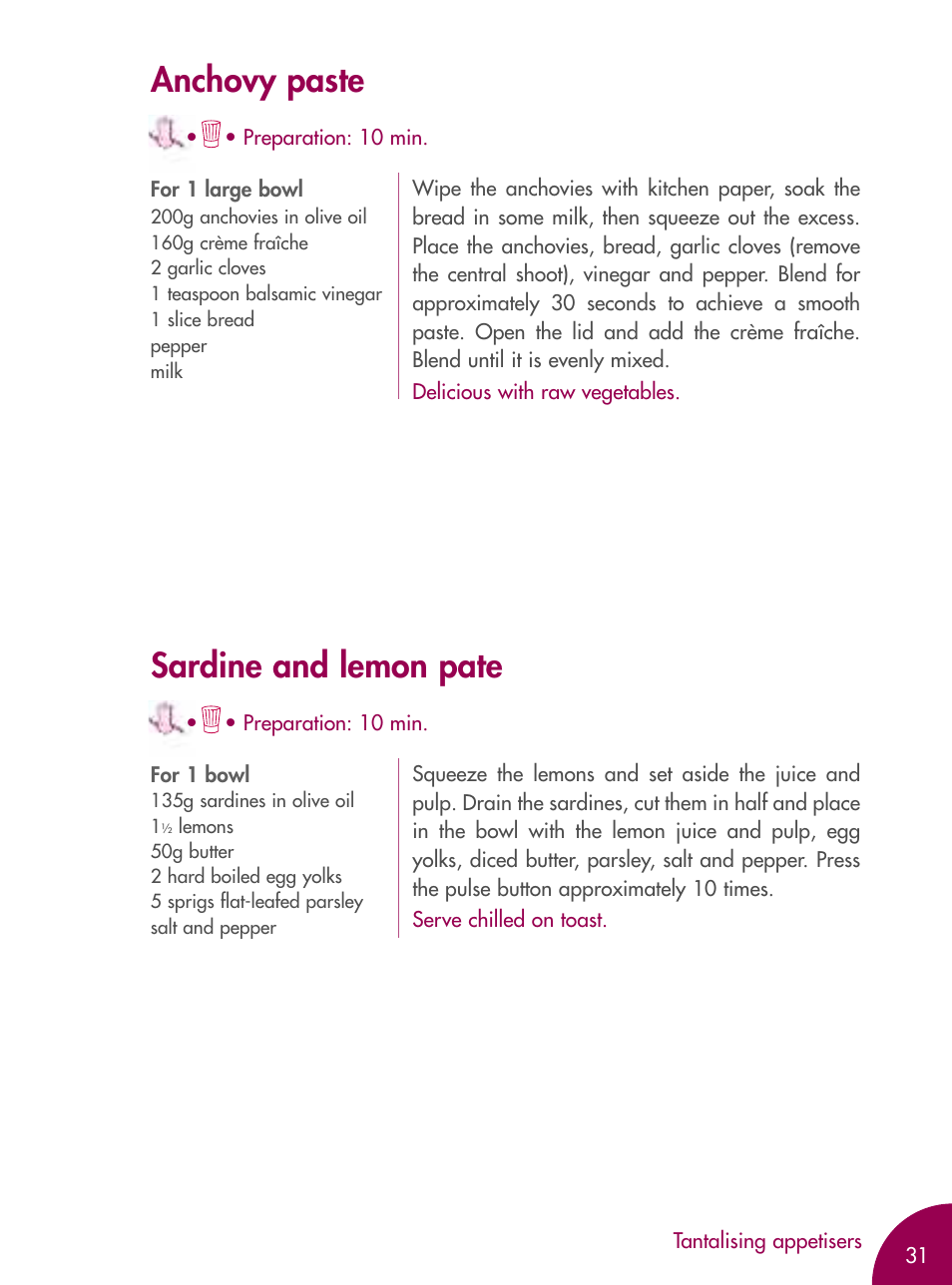 Anchovy paste, Sardine and lemon pate | Magimix MICRO User Manual | Page 35 / 52