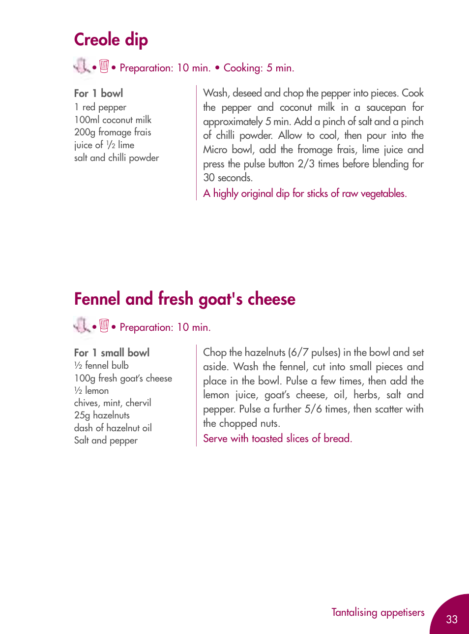 Creole dip, Fennel and fresh goat's cheese | Magimix MICRO User Manual | Page 37 / 52