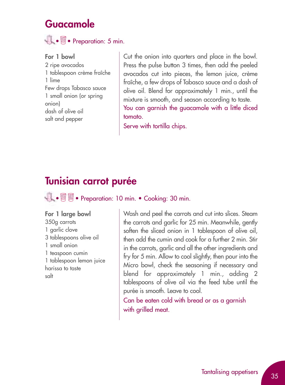 Guacamole, Tunisian carrot purée | Magimix MICRO User Manual | Page 39 / 52