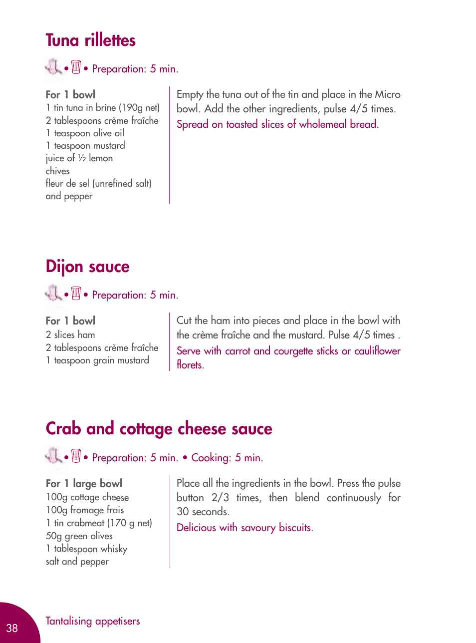 Tuna rillettes, Dijon sauce, Crab and cottage cheese sauce | Magimix MICRO User Manual | Page 42 / 52