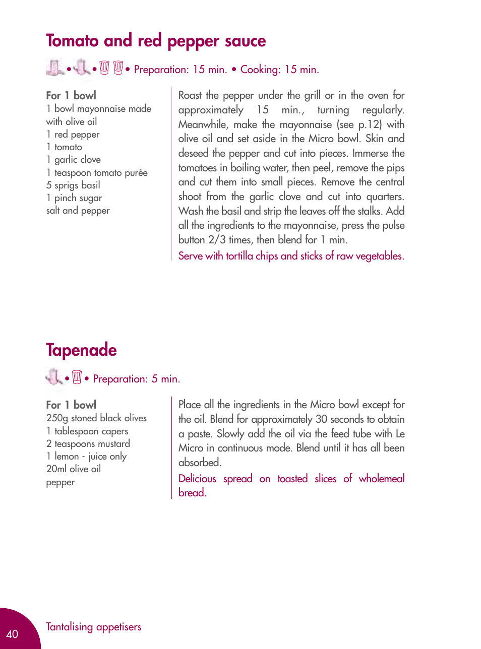 Tomato and red pepper sauce, Tapenade | Magimix MICRO User Manual | Page 44 / 52