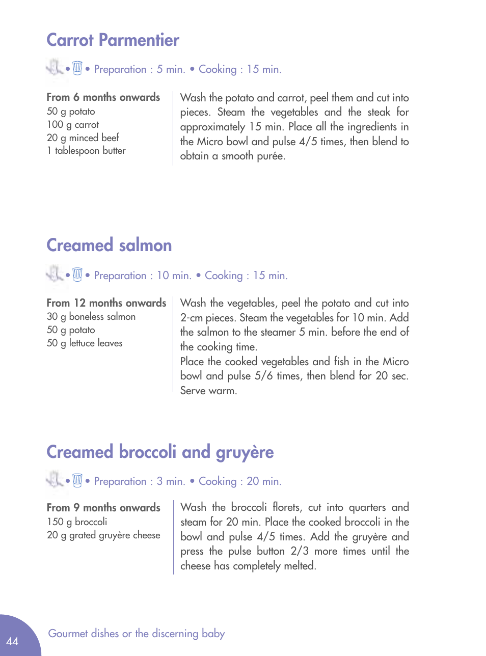 Carrot parmentier, Creamed salmon, Creamed broccoli and gruyère | Magimix MICRO User Manual | Page 48 / 52