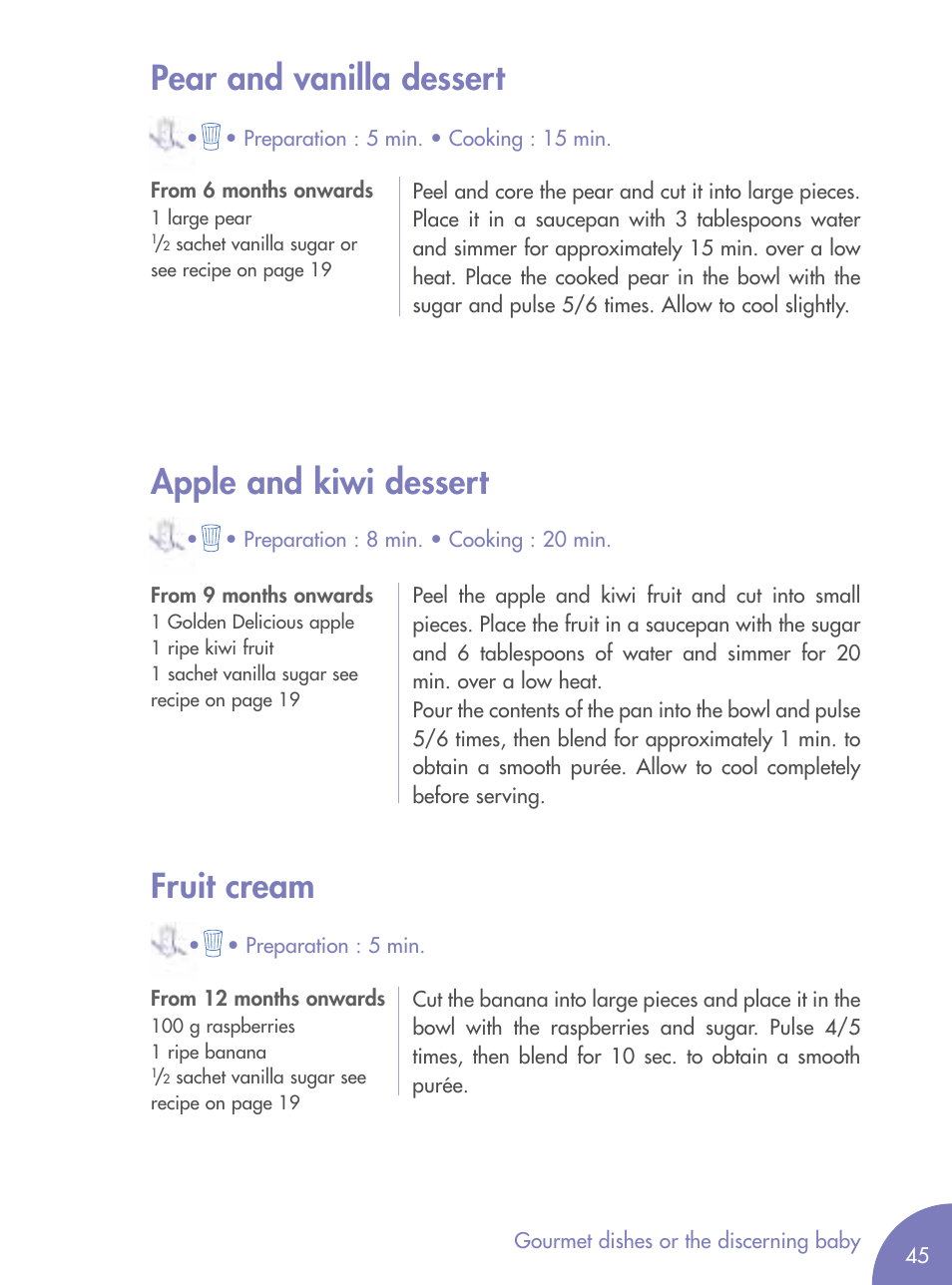 Pear and vanilla dessert, Apple and kiwi dessert, Fruit cream | Magimix MICRO User Manual | Page 49 / 52