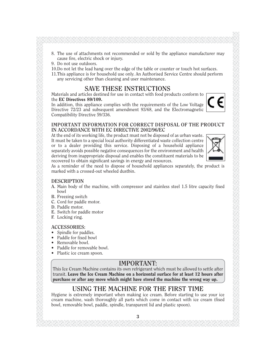 Save these instructions, Important, Using the machine for the first time | Magimix GELATO CHEF 2200 User Manual | Page 5 / 20