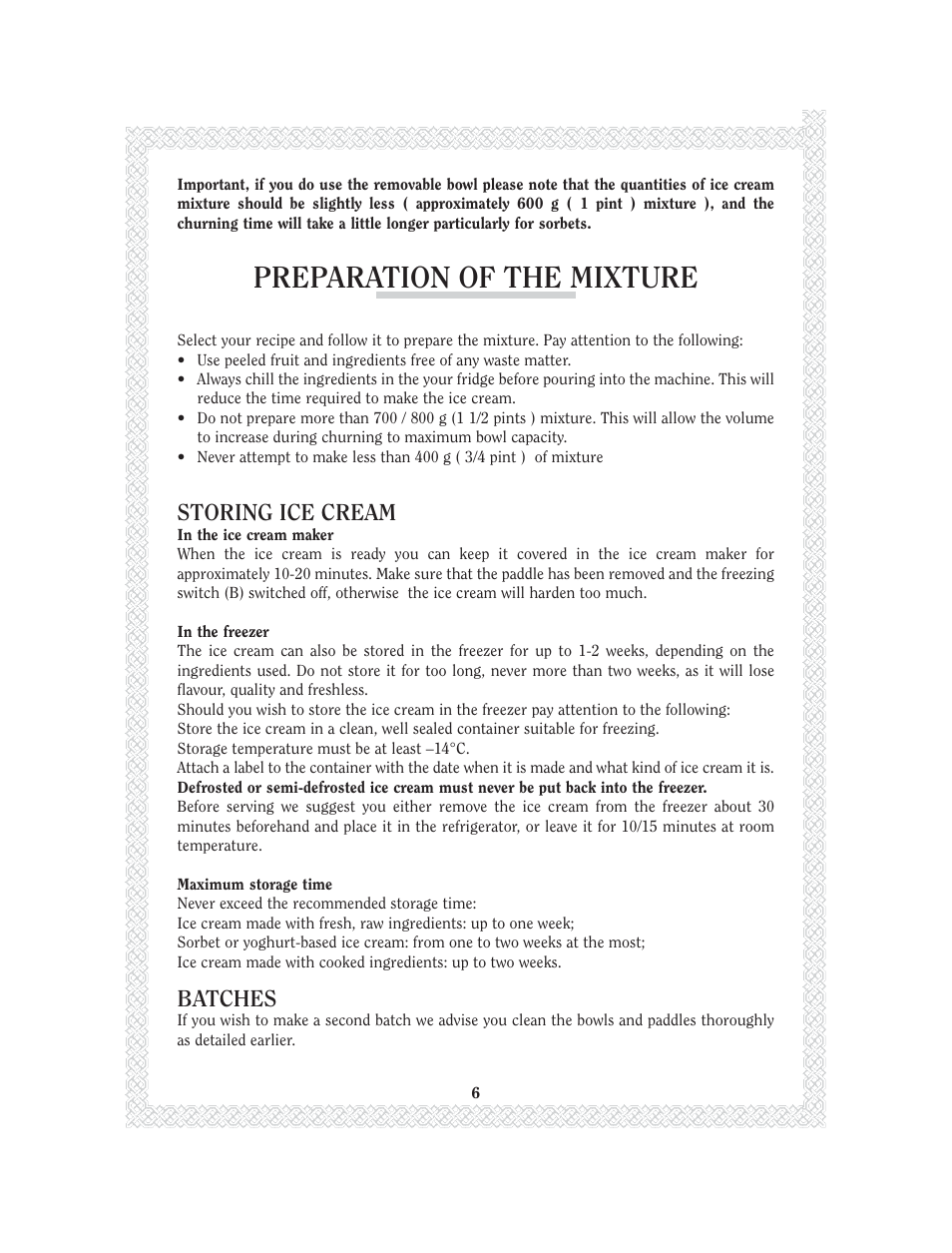 Preparation of the mixture, Storing ice cream, Batches | Magimix GELATO CHEF 2200 User Manual | Page 8 / 20