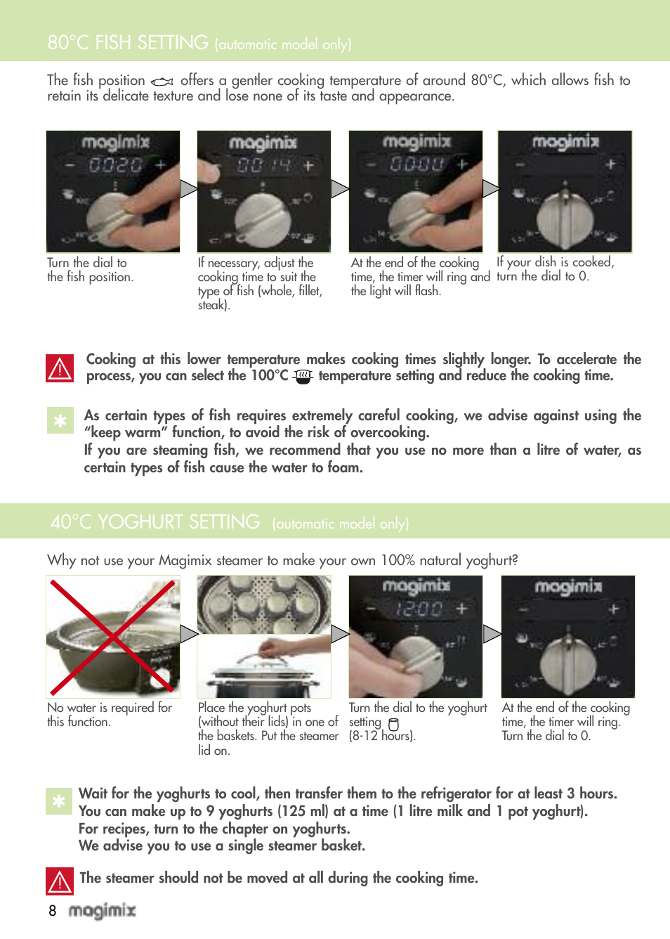 80°c fish setting, 40°c yoghurt setting | Magimix MULTIFUNCTION STEAMER User Manual | Page 10 / 68
