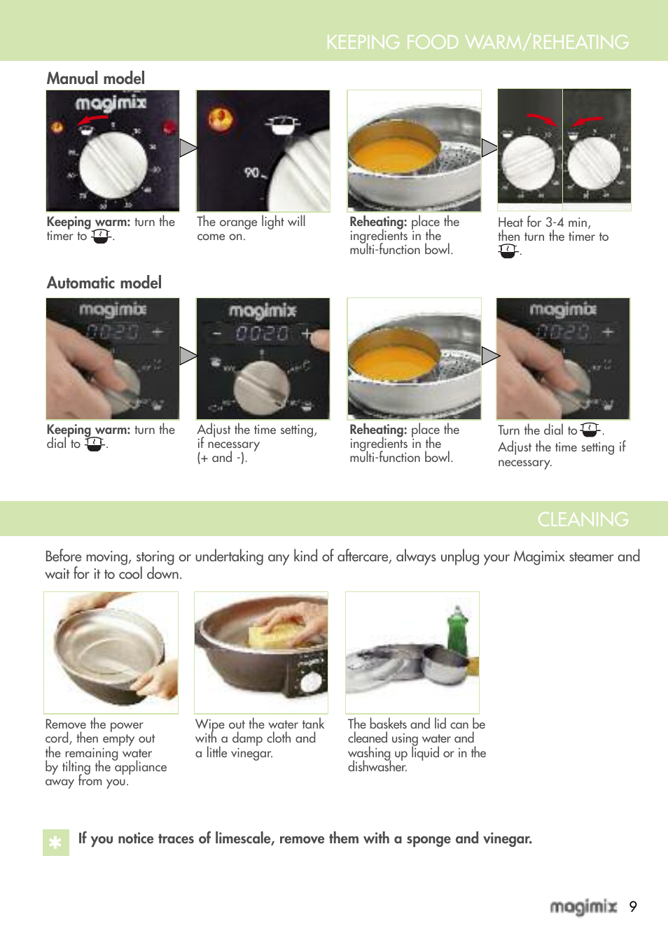 Keeping food warm/reheating, Cleaning | Magimix MULTIFUNCTION STEAMER User Manual | Page 11 / 68
