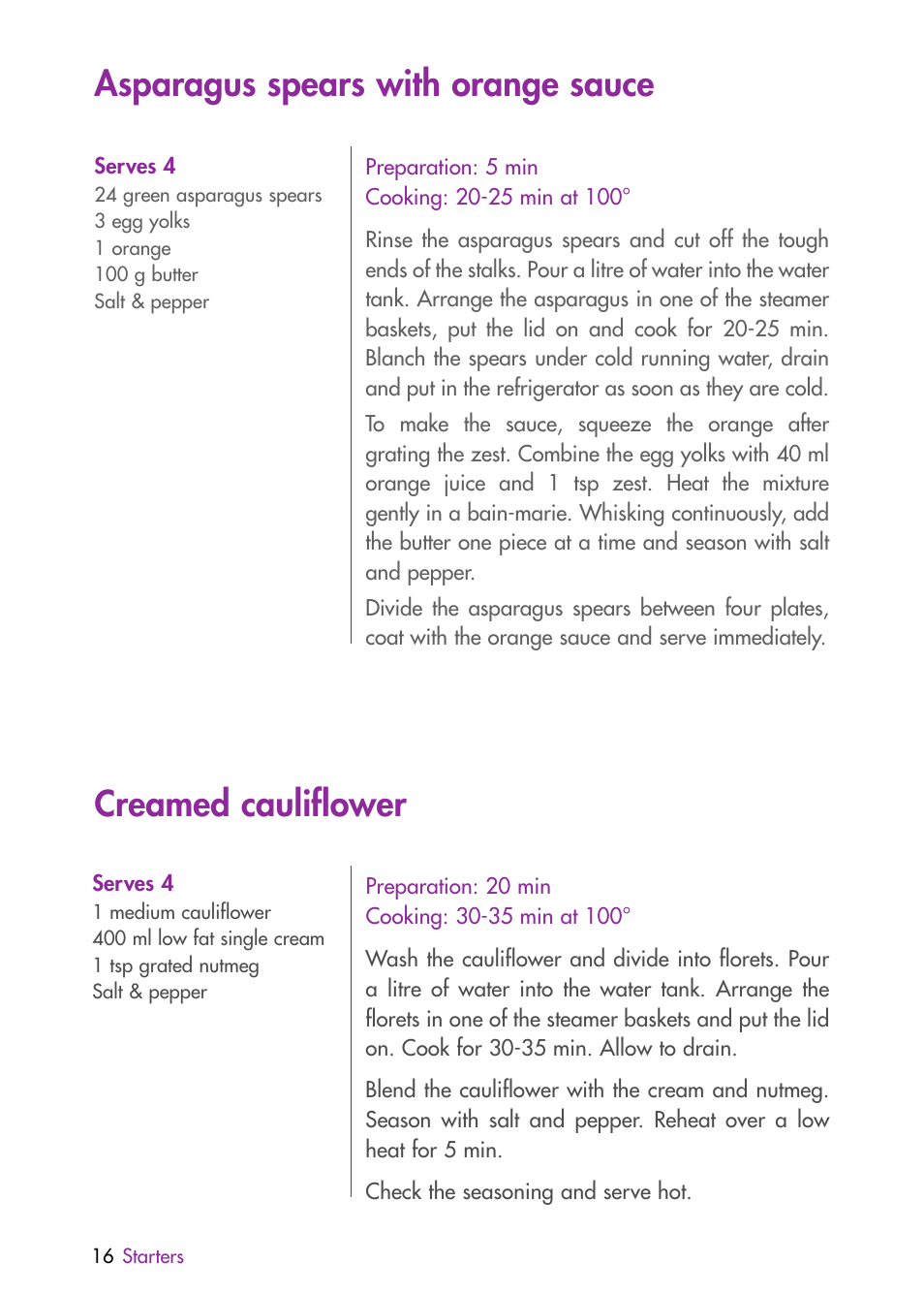 Asparagus spears with orange sauce, Creamed cauliflower | Magimix MULTIFUNCTION STEAMER User Manual | Page 18 / 68