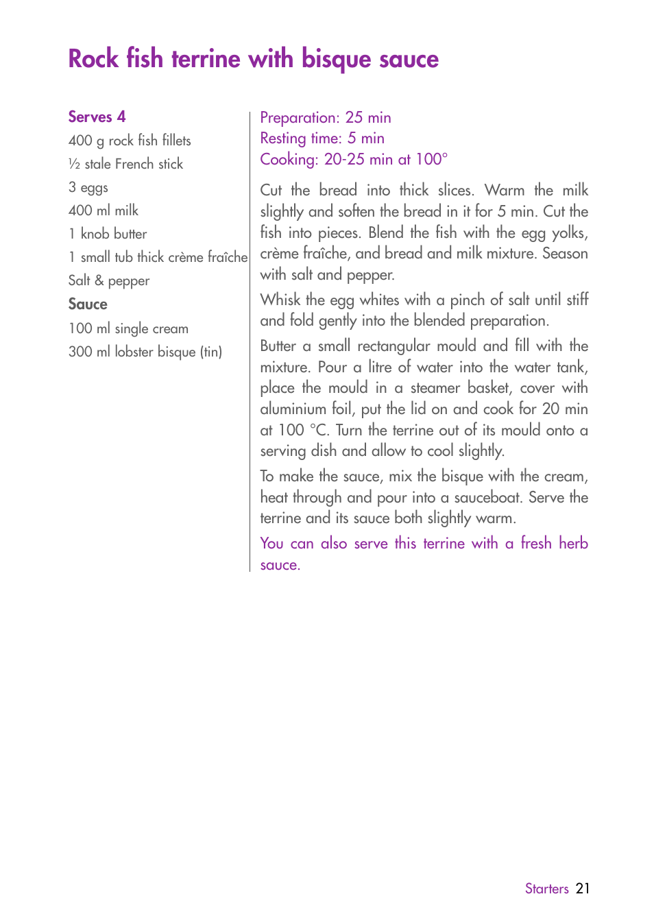 Rock fish terrine with bisque sauce | Magimix MULTIFUNCTION STEAMER User Manual | Page 23 / 68