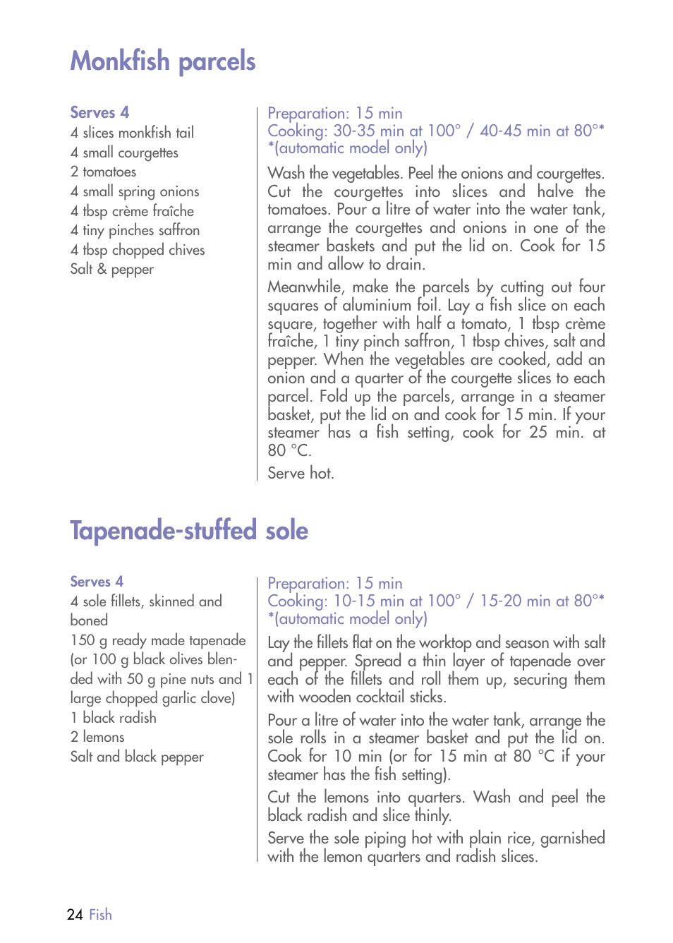 Monkfish parcels, Tapenade-stuffed sole | Magimix MULTIFUNCTION STEAMER User Manual | Page 26 / 68