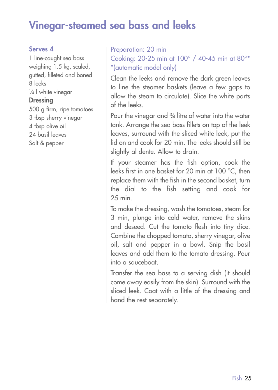 Vinegar-steamed sea bass and leeks | Magimix MULTIFUNCTION STEAMER User Manual | Page 27 / 68