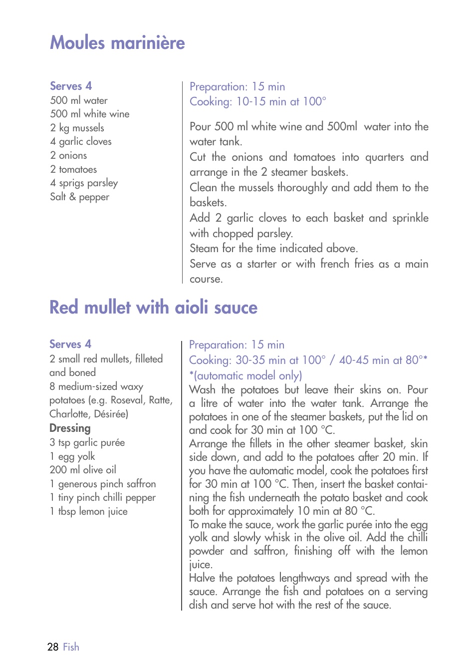 Red mullet with aioli sauce, Moules marinière | Magimix MULTIFUNCTION STEAMER User Manual | Page 30 / 68