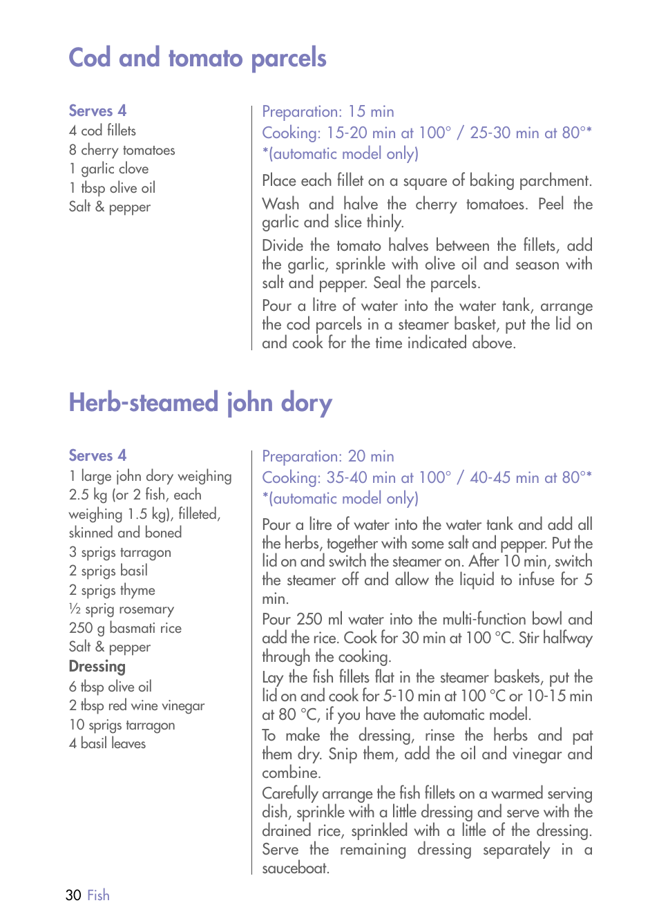 Cod and tomato parcels, Herb-steamed john dory | Magimix MULTIFUNCTION STEAMER User Manual | Page 32 / 68