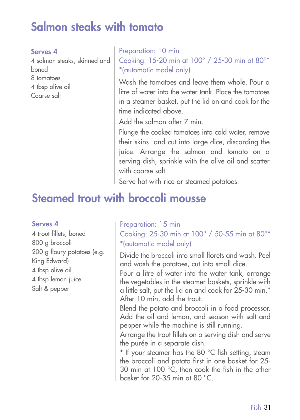 Salmon steaks with tomato, Steamed trout with broccoli mousse | Magimix MULTIFUNCTION STEAMER User Manual | Page 33 / 68