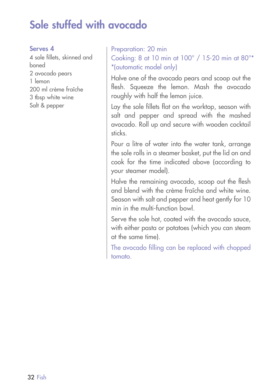 Sole stuffed with avocado | Magimix MULTIFUNCTION STEAMER User Manual | Page 34 / 68
