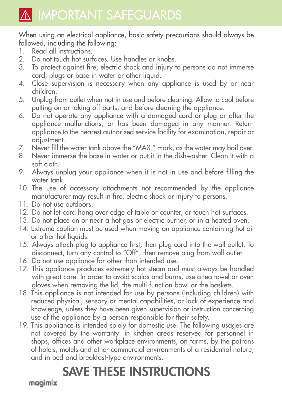 Save these instructions important safeguards | Magimix MULTIFUNCTION STEAMER User Manual | Page 4 / 68