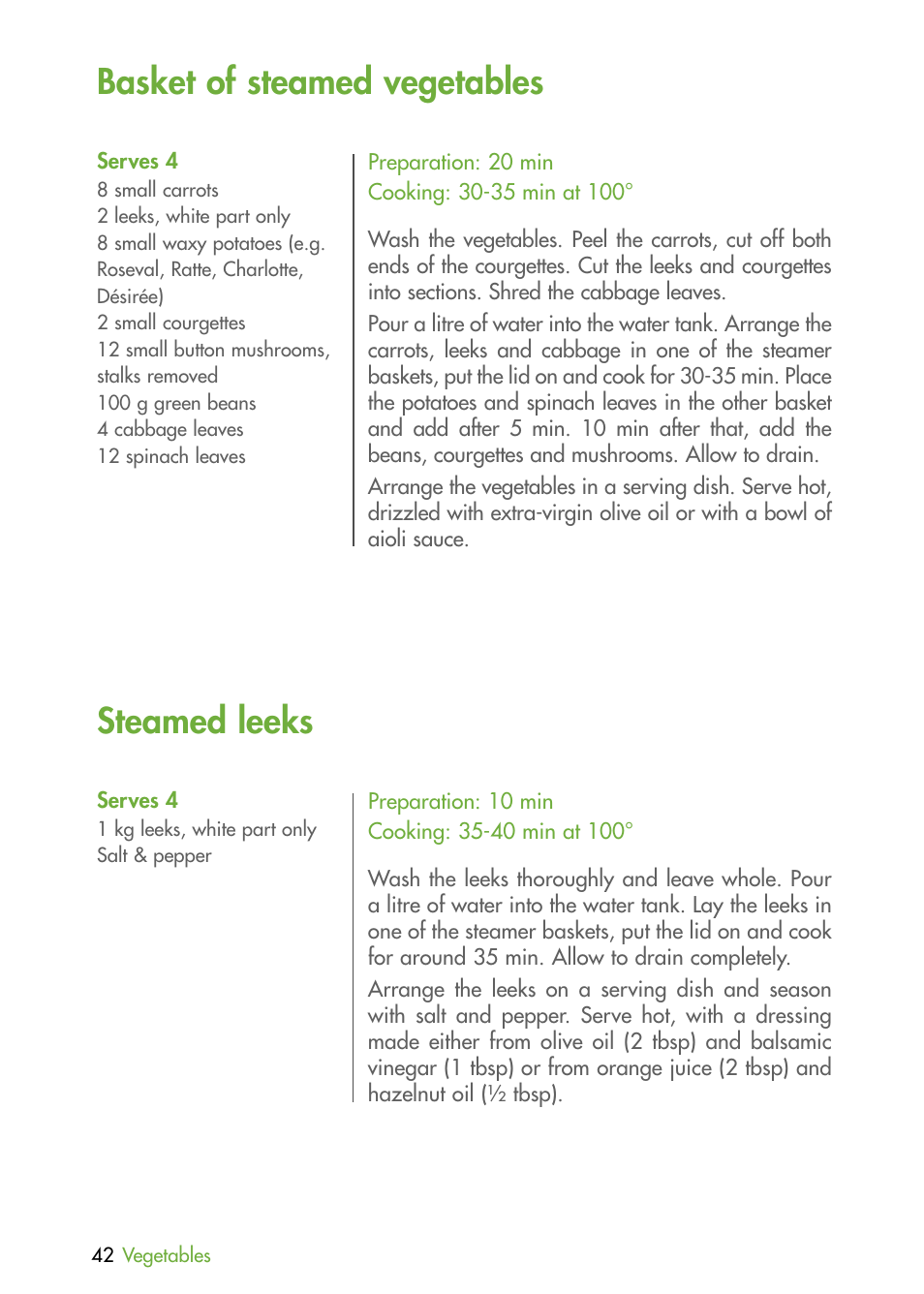 Basket of steamed vegetables, Steamed leeks | Magimix MULTIFUNCTION STEAMER User Manual | Page 44 / 68