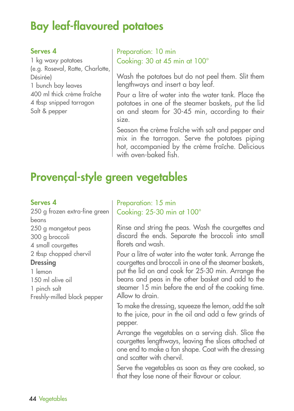 Bay leaf-flavoured potatoes, Provençal-style green vegetables | Magimix MULTIFUNCTION STEAMER User Manual | Page 46 / 68