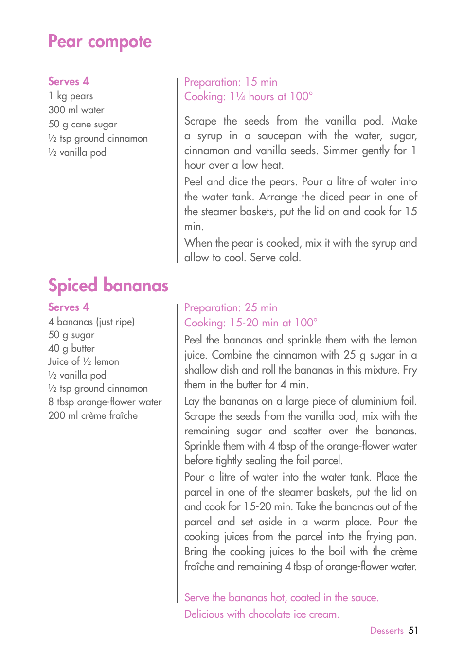 Pear compote, Spiced bananas | Magimix MULTIFUNCTION STEAMER User Manual | Page 53 / 68