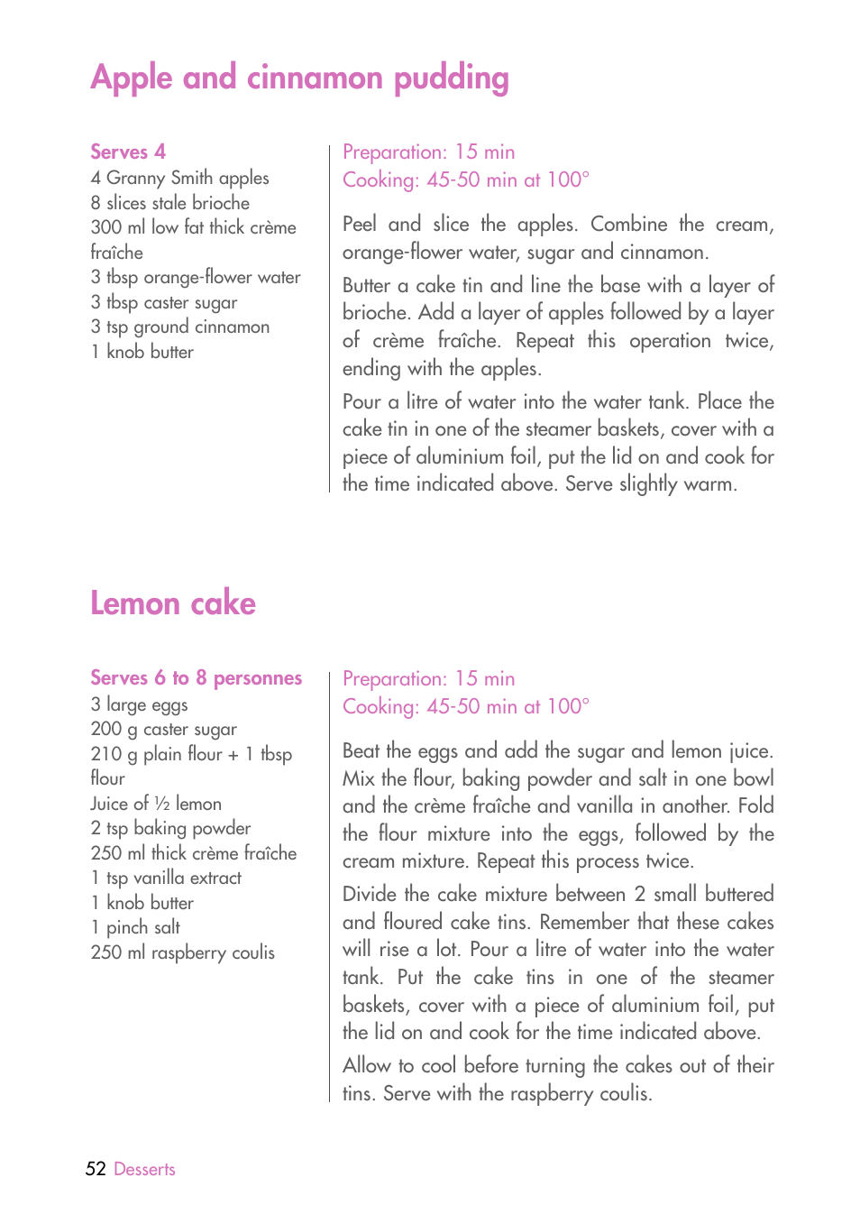 Apple and cinnamon pudding, Lemon cake | Magimix MULTIFUNCTION STEAMER User Manual | Page 54 / 68