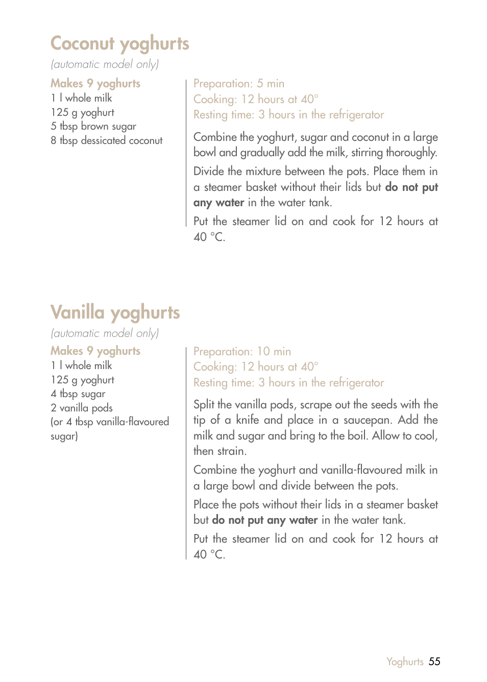 Coconut yoghurts, Vanilla yoghurts | Magimix MULTIFUNCTION STEAMER User Manual | Page 57 / 68