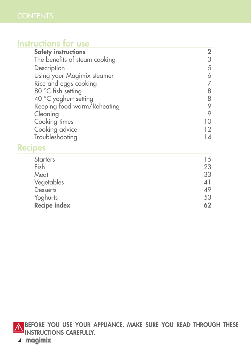 Instructions for use, Recipes | Magimix MULTIFUNCTION STEAMER User Manual | Page 6 / 68