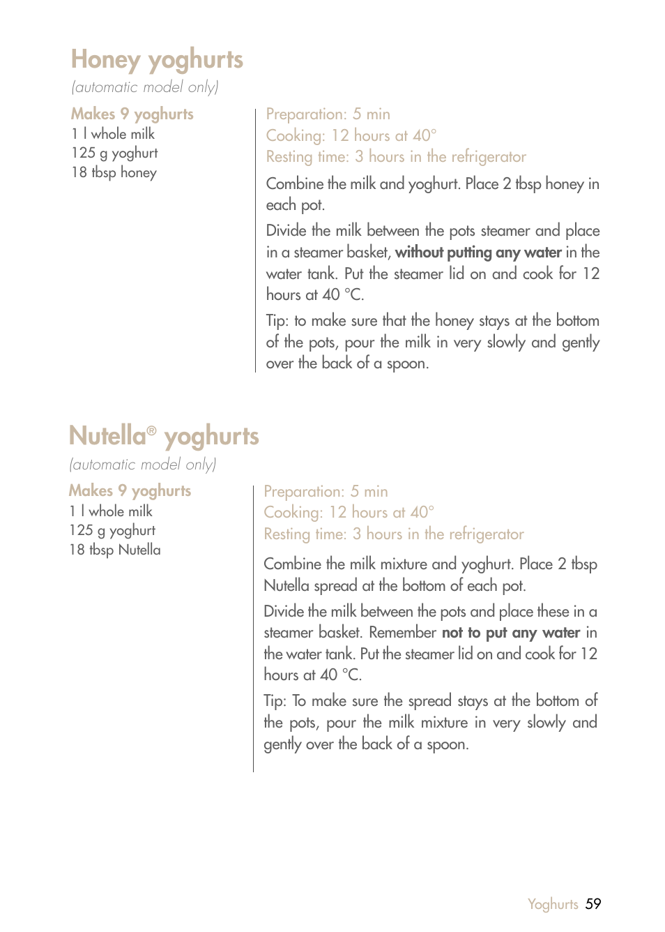 Honey yoghurts, Nutella, Yoghurts | Magimix MULTIFUNCTION STEAMER User Manual | Page 61 / 68