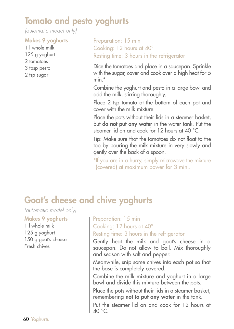Goat’s cheese and chive yoghurts, Tomato and pesto yoghurts | Magimix MULTIFUNCTION STEAMER User Manual | Page 62 / 68