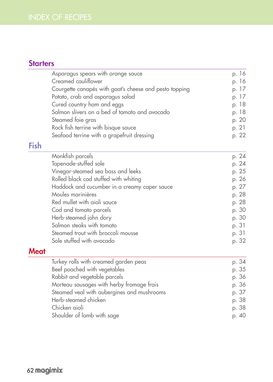 Index of recipes starters, Fish, Meat | Magimix MULTIFUNCTION STEAMER User Manual | Page 64 / 68