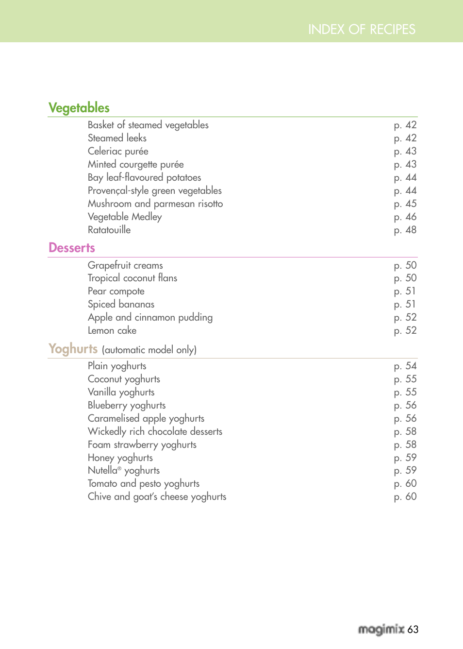 Index of recipes vegetables, Desserts, Yoghurts | Magimix MULTIFUNCTION STEAMER User Manual | Page 65 / 68