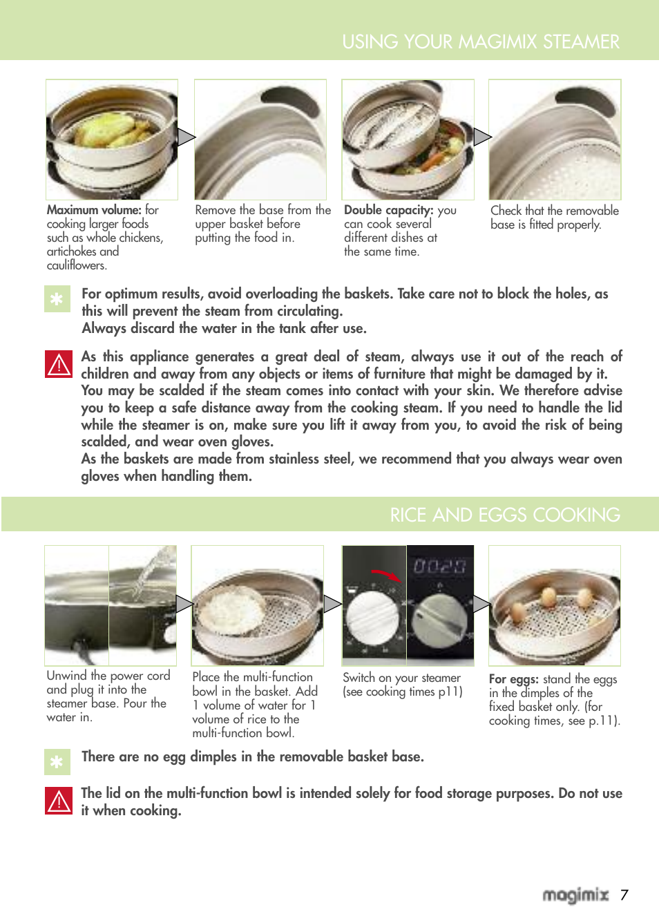 Using your magimix steamer, Rice and eggs cooking | Magimix MULTIFUNCTION STEAMER User Manual | Page 9 / 68