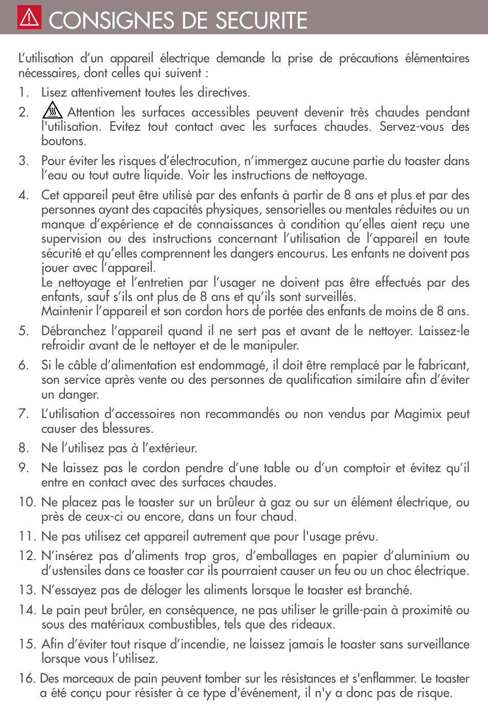 Consignes de securite | Magimix TOASTER 4 User Manual | Page 10 / 16