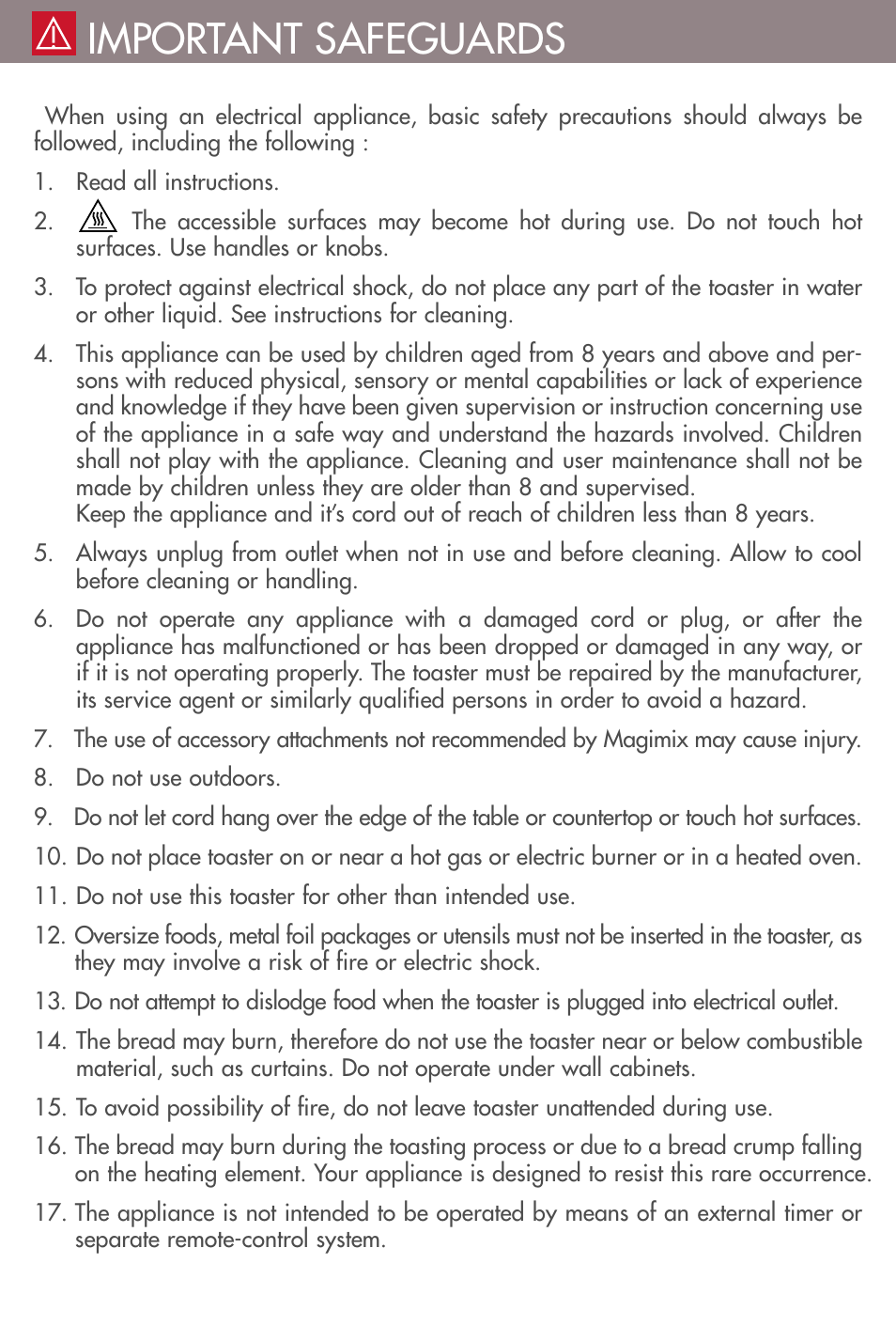 Important safeguards | Magimix TOASTER 4 User Manual | Page 2 / 16