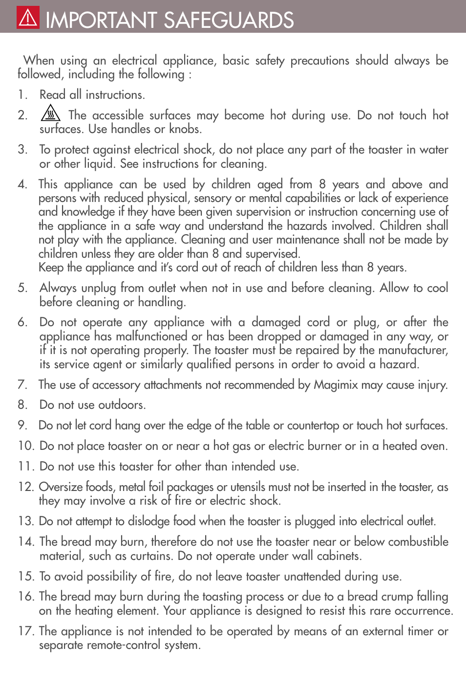 Important safeguards | Magimix VISION TOASTER User Manual | Page 10 / 16